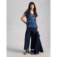 White Stuff Pure Cotton Floral V-Neck T-Shirt Blue Mix