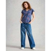 White Stuff Pure Cotton Floral Print T-Shirt Navy Mix