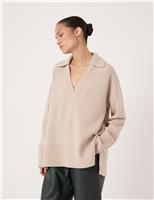 HUSH Pure Merino Wool Collared Relaxed Jumper Stone