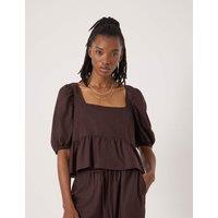 HUSH Linen Rich Square Neck Puff Sleeve Beach Top Dark Brown
