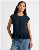 Albaray Pure Cotton Button Through Peplum Tank Top Navy