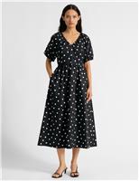 Pure Cotton Spot Print Midi Waisted Dress