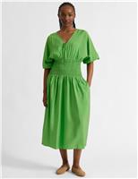 V-Neck Tie Detail Midi Waisted Dress