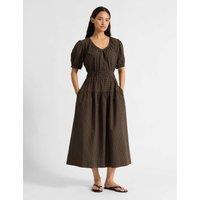 Albaray Pure Cotton Checked Midi Smock Dress Brown Mix