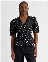 Pure Cotton Polka Dot V-Neck Top