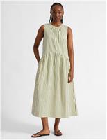 Albaray Cotton Blend Striped Midi Smock Dress Green Mix