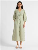 Albaray Cotton Blend Striped V-Neck Midi Shirt Dress Green Mix