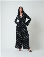 Nobody's Child Polka Dot V-Neck Wide Leg Jumpsuit Black Mix