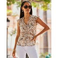 SOSANDAR Animal Print V-Neck Top Brown Mix