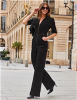 Denim Belted Short Sleeve Wide Leg Jumpsuit