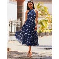 SOSANDAR Spot Print Halter Neck Midi Skater Dress Blue Mix