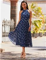 Spot Print Halter Neck Midi Skater Dress