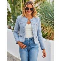 SOSANDAR Textured Boucl Collarless Cropped Jacket Blue