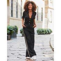 SOSANDAR Waisted Button Front Wide Leg Jumpsuit Black Mix