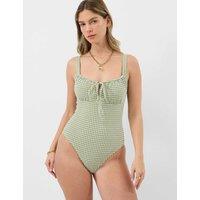 ACCESSORIZE Seersucker Checked Tie Front Swimsuit Khaki