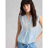 White Stuff Pure Cotton Embroidery Tie Hem Top Blue