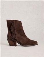 Suede Cowboy Fringed Block Heel Ankle Boots