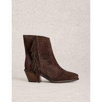 White Stuff Suede Cowboy Fringed Block Heel Ankle Boots Brown
