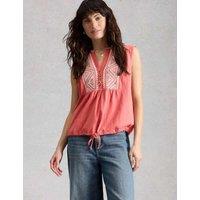 White Stuff Pure Cotton Embroidery Tie Hem Top Pink