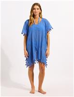 Seafolly Amnesia Tassel Beach Cover Up Kaftan Medium Blue