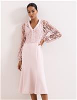 Lace V-Neck Button Detail Midi Tea Dress