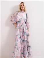 Phase Eight Floral High Neck Tie Waist Maxi Tiered Dress Light Pink Mix