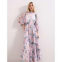 Phase Eight Floral High Neck Tie Waist Maxi Tiered Dress Light Pink Mix