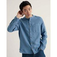 Seasalt Cornwall Pure Linen Grandad Collar Shirt Blue