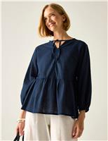 Primden Cotton Rich Tie Neck Blouse With Linen
