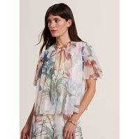Ted Baker Botanical Print Pleated Angel Sleeve Top Pink