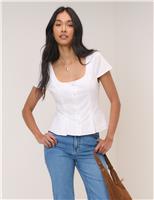 Cotton Rich Scoop Neck Button Through Blouse
