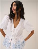 Pure Cotton V-Neck Cutwork Detail Blouse