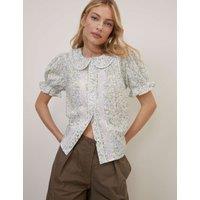 Nobody's Child X Louise Thompson Pure Cotton Peter Pan Collar Lace Detail Blouse Blue