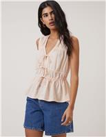 Linen Rich Ruched Tie Front Peplum Top