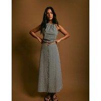 Nobody's Child Gingham Button Front Midi A-Line Skirt Blue