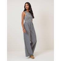 Nobody's Child Pure Cotton Checked Wide Leg Jumpsuit Blue