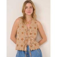 Nobody's Child Linen Rich Checked Tie Front Vest Top Orange