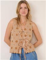 Linen Rich Checked Tie Front Vest Top