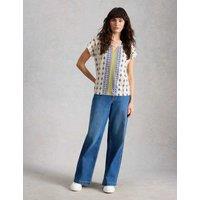 White Stuff Pure Cotton Printed Notch Neck T-Shirt White Mix