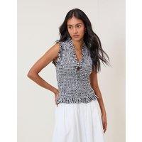 Nobody's Child Pure Cotton Checked V-Neck Shirred Top Black