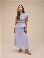 Pure Cotton Striped Shirred Midi Skirt