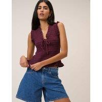 Nobody's Child Pure Cotton Checked V-Neck Shirred Top Purple