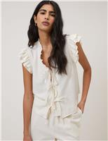 Linen Rich Tie Front Ruffle Top