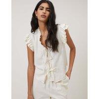 Nobody's Child Linen Rich Tie Front Ruffle Top Cream
