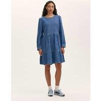 Finery London Denim Round Neck Midi Tiered Dress Light Blue
