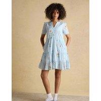 Joules Pure Cotton Striped Floral V-Neck Mini Dress Blue Mix