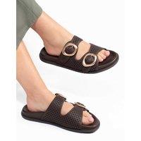 Jones Bootmaker Leather Buckle Flat Sliders Chocolate