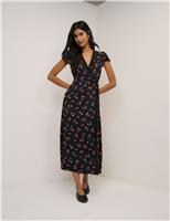 Floral V-Neck Lace Trim Midi Wrap Dress