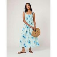 Nobody's Child Pure Cotton Floral Midi Shirred Dress Blue