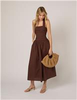 Nobody's Child Pure Cotton Halter Neck Midi Waisted Dress Brown